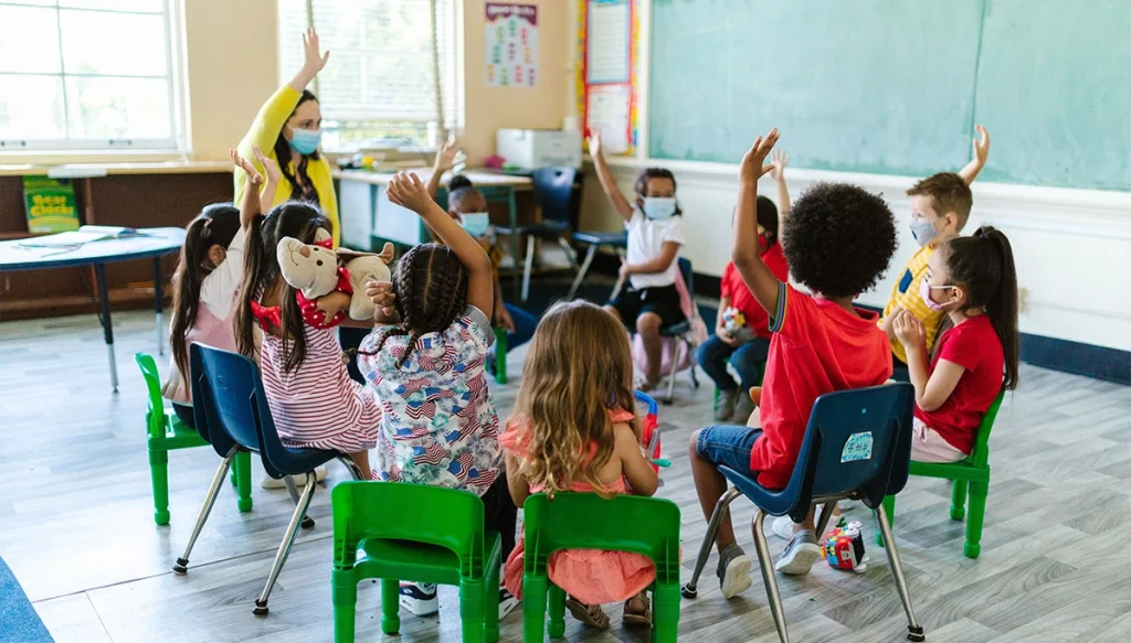 Diverse group of children in a classroom, raising hands, led by masked teacher.