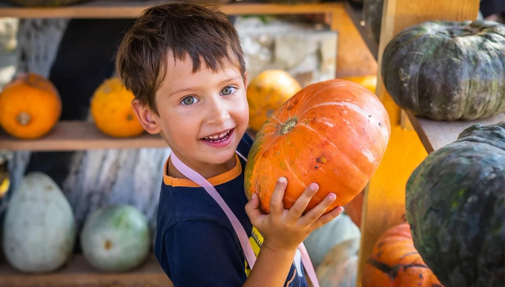 young boy smiling while holding a pumpkin